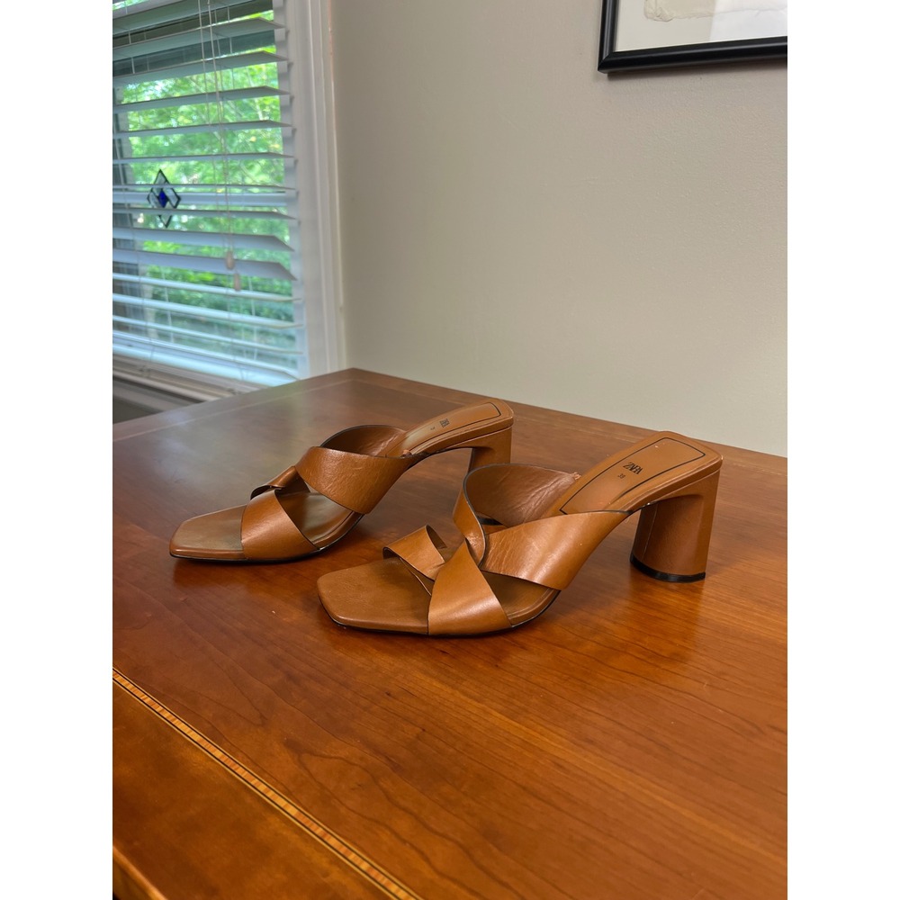 Zara Tan Leather Block Heel Sandals Square Toe Crisscross Mule Cognac Brown 39 - Picture 3 of 6